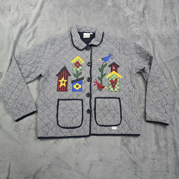 Vintage Folk Art Quilted Jacket Birdhouse Applique Gingham Large - Picture 13 of 14